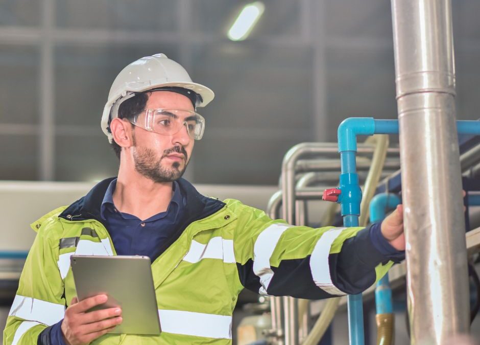 Man looking at CMMS on tablet in a factory