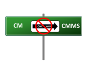 One Way sign with CM on one side and CMMS on the other